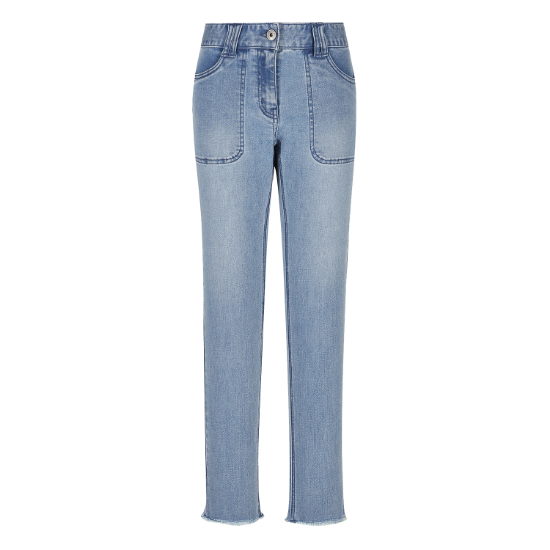 Ảnh của [FANTOM] Quần dài denim dáng slim viền cắt thẳng màu xanh cho nữ